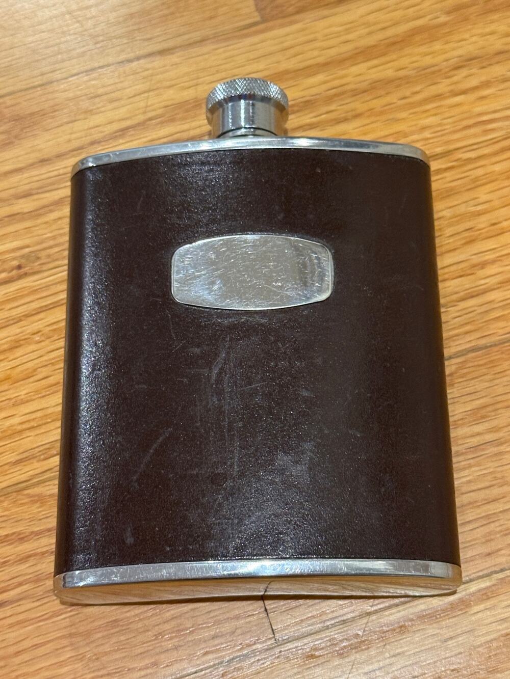 Vintage TW England Brown Leather Wrapped Stainless Steel Hip Flask - 6 oz